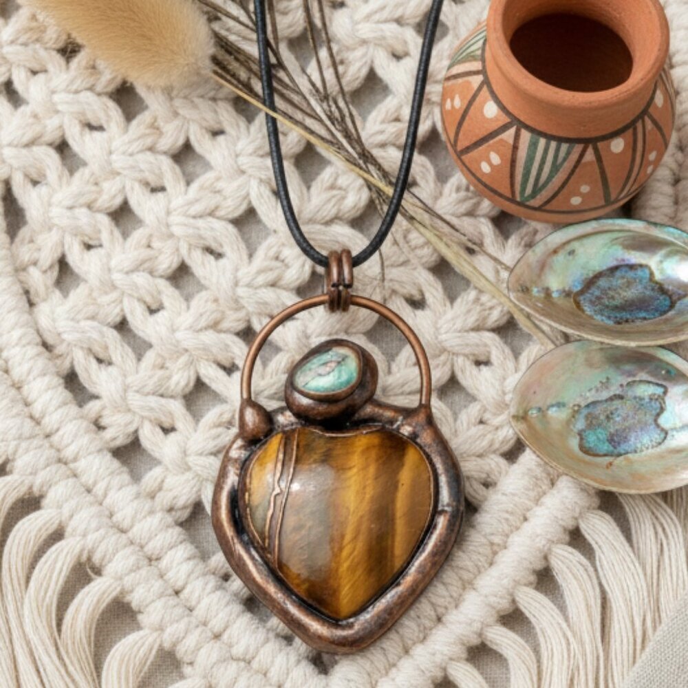 Boho Chic Copper Heart Pendant Necklace | Genuine Tiger's Eye & Abalone Shell
